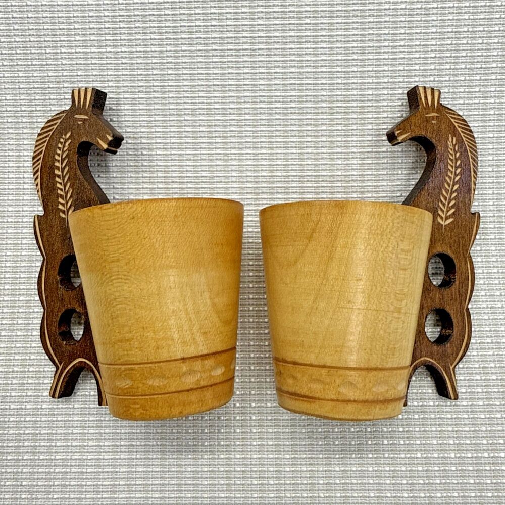 Set of 2 Vintage Folk Art Carved Wood Cup Finger Holes Polish Czerpak